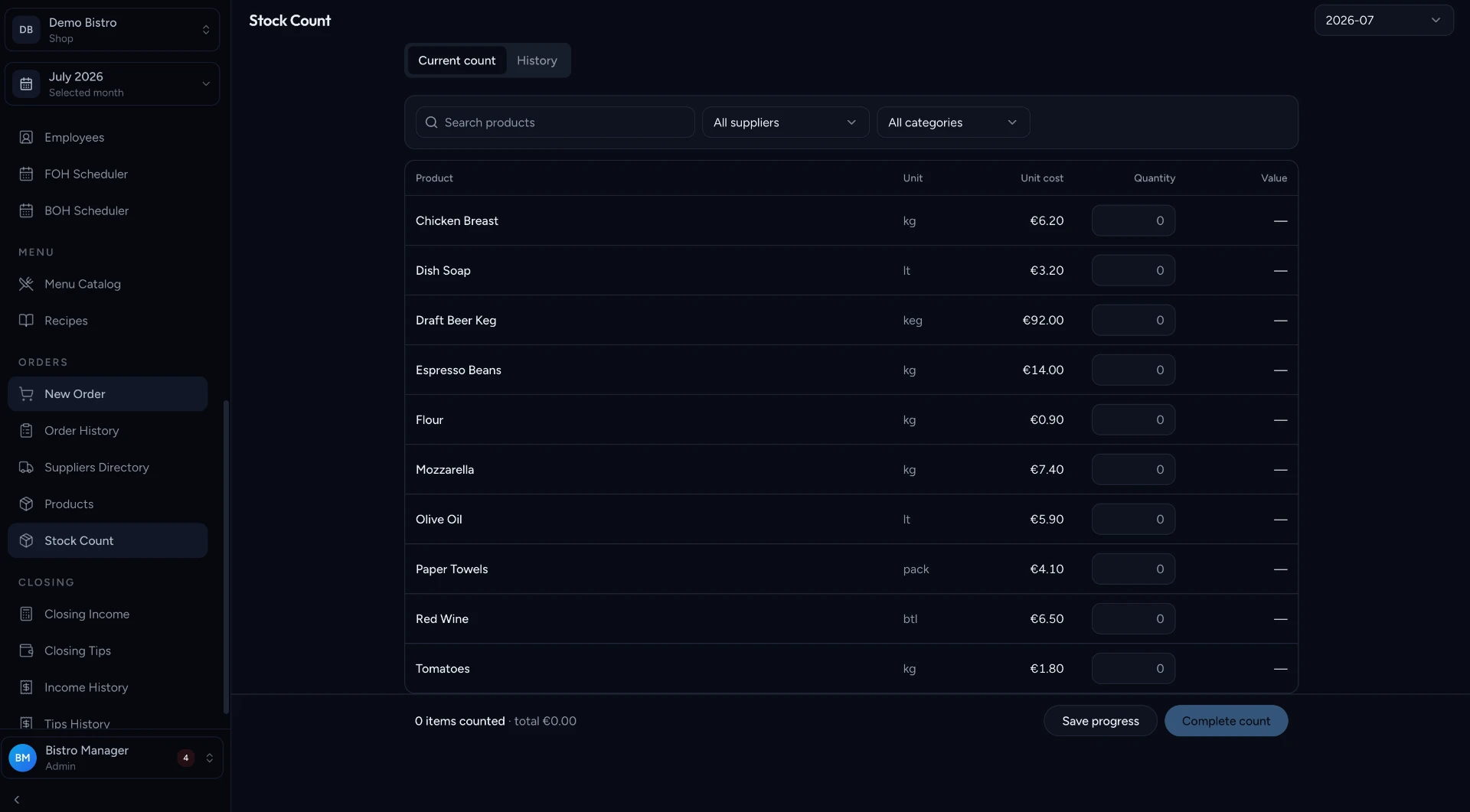 UnitFleet Stock count screen