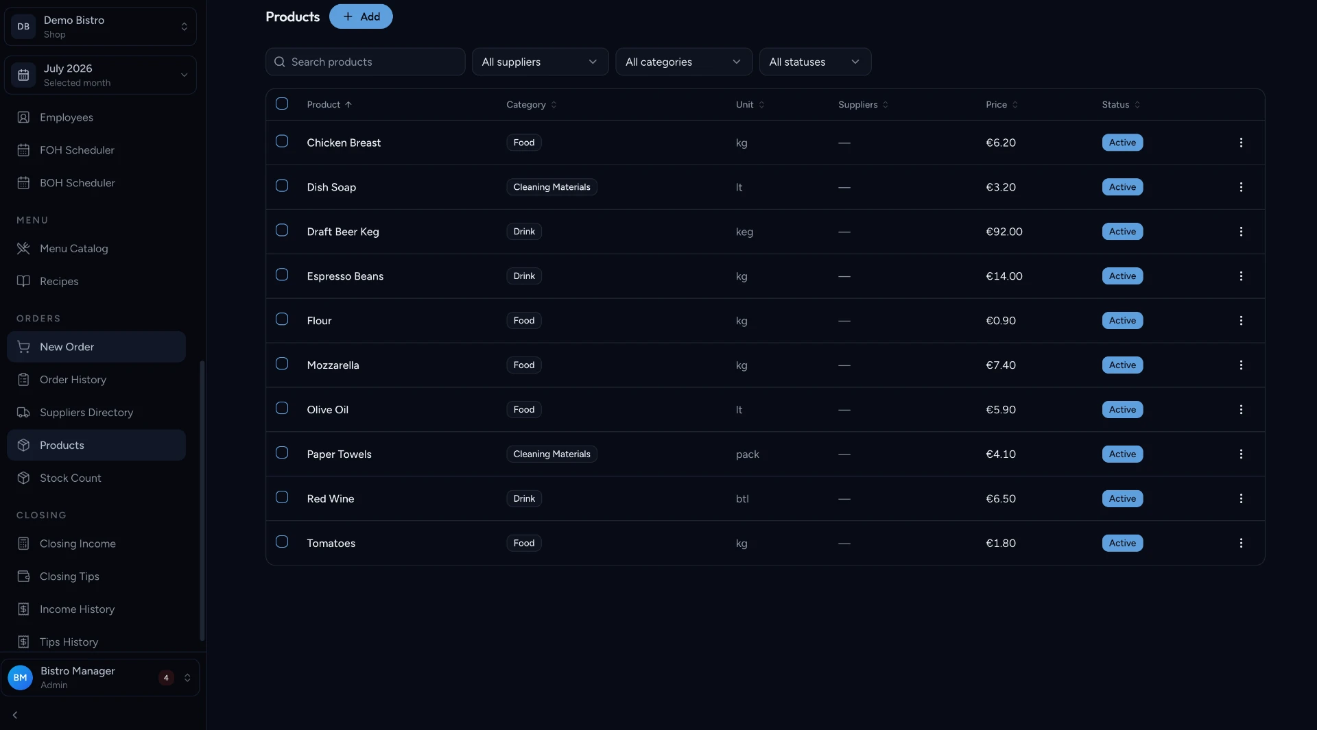 UnitFleet Products screen
